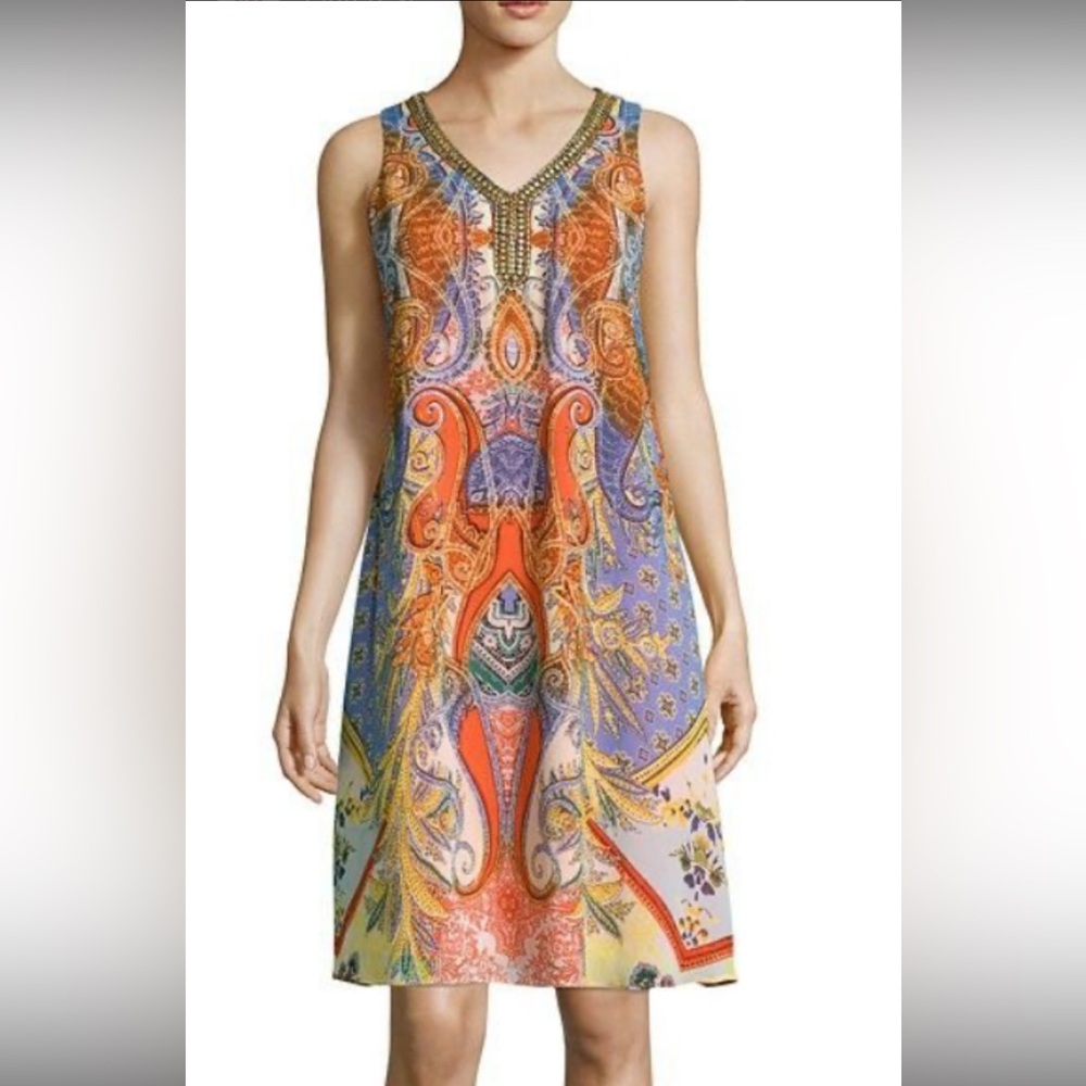 Studio One-sleeveless dress, multicolor paisley print beaded v-neckline